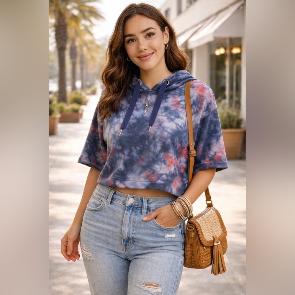 Mono B Tie Dye Cropped Hoodie Sweatshirt NWT Oversized Short Sleeve Athleisure L